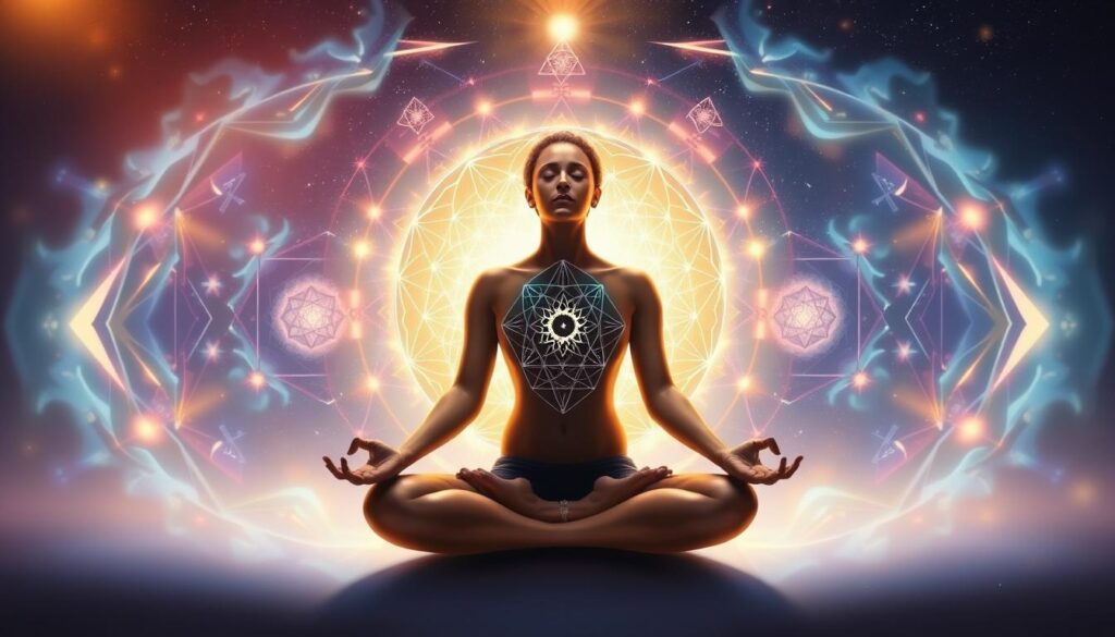 Person meditating with sacred geometry patterns visualized around their energy field