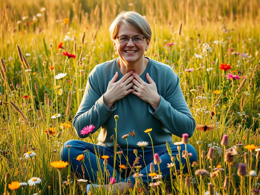 Person placing hands on heart in gratitude while sitting in a meadow, practicing eco-gratitude in nature