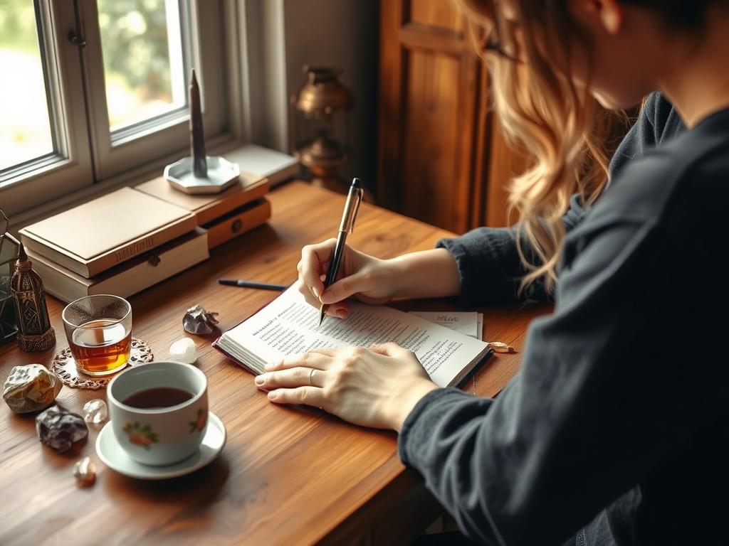 Person thoughtfully writing questions for an Akashic Records session in a journal Person thoughtfully writing questions for an Akashic Records session in a journal