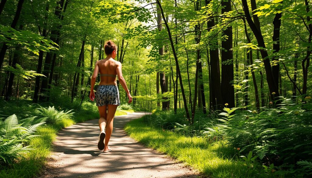 Person walking mindfully on a forest path with focused attention, practicing mindfulness in nature