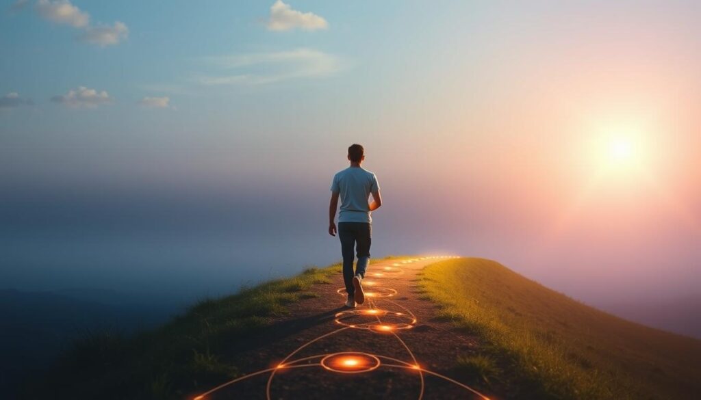 Person walking on a path representing the journey with the Akashic Records Person walking on a path representing the journey with the Akashic Records