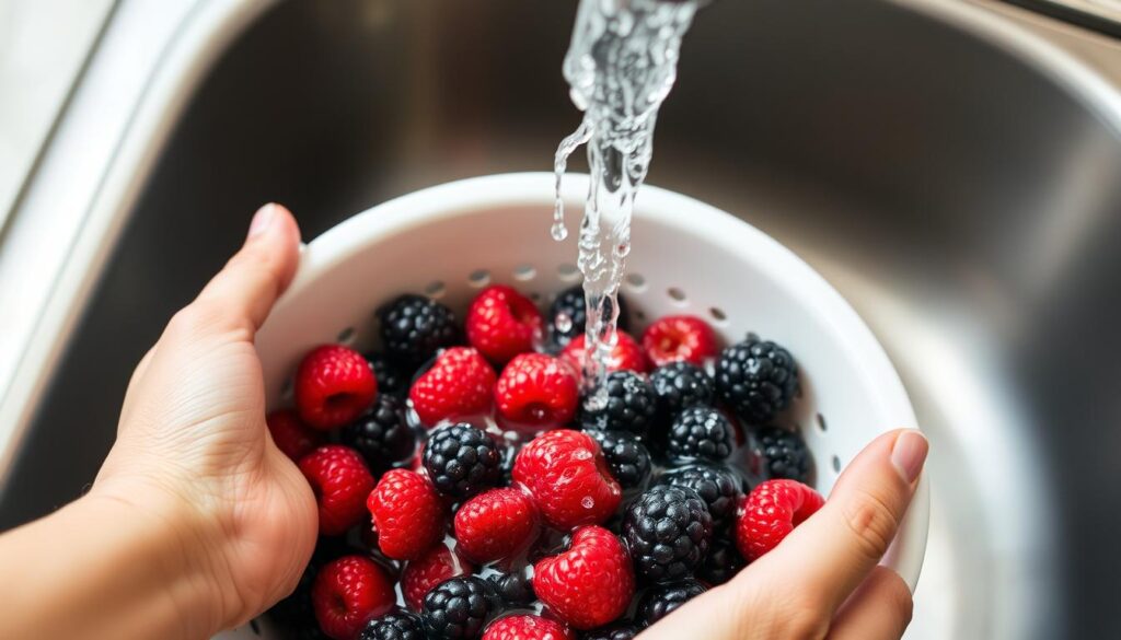 Person washing berries thoroughly under running water to remove pesticide residue Person washing berries thoroughly under running water to remove pesticide residue