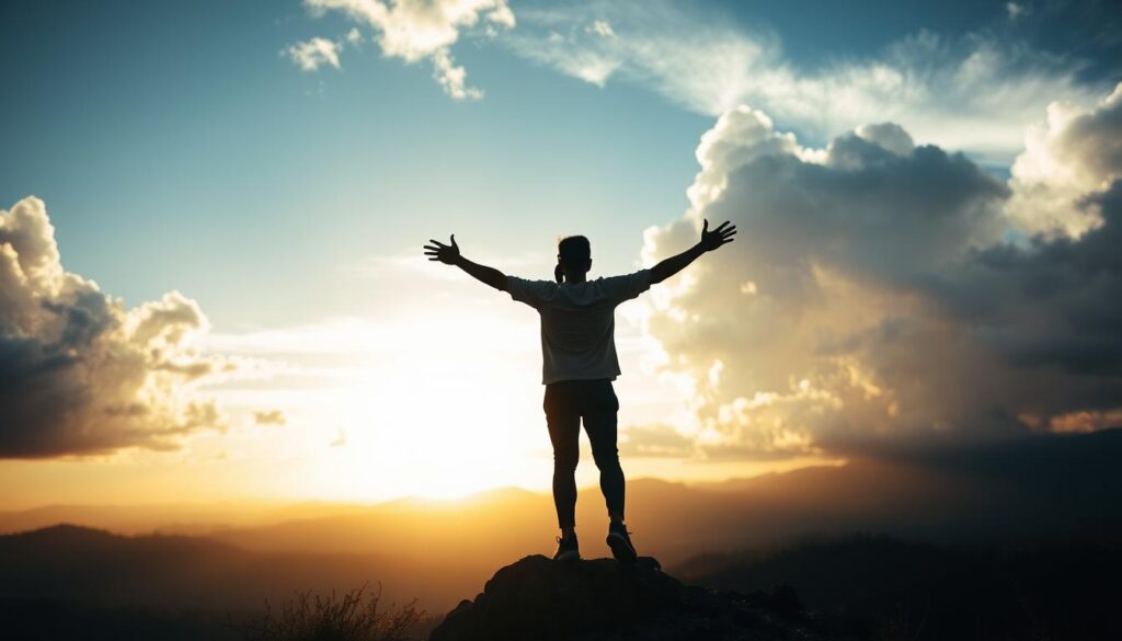 Person with arms outstretched at sunset in nature, embodying the journey of mindfulness in nature and earth connection