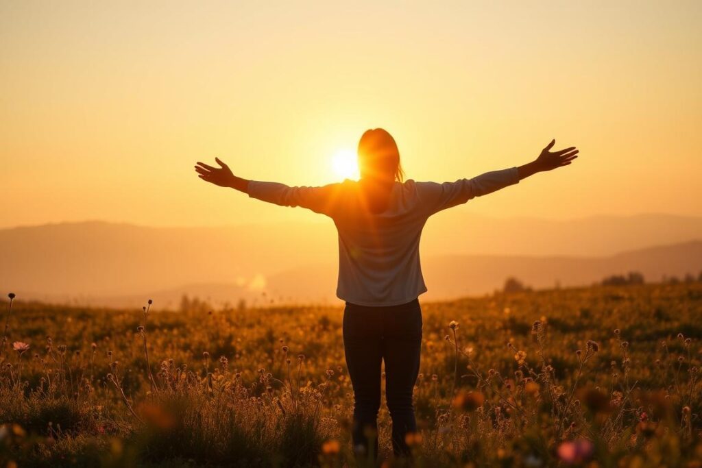Person with arms outstretched in a meadow at sunrise, experiencing the benefits of mindfulness in nature