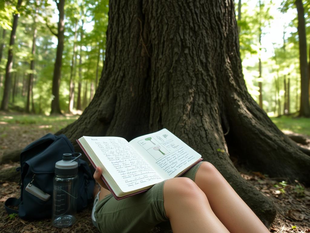 Person writing in a journal while sitting against a tree in a natural setting, practicing mindfulness in nature through journaling