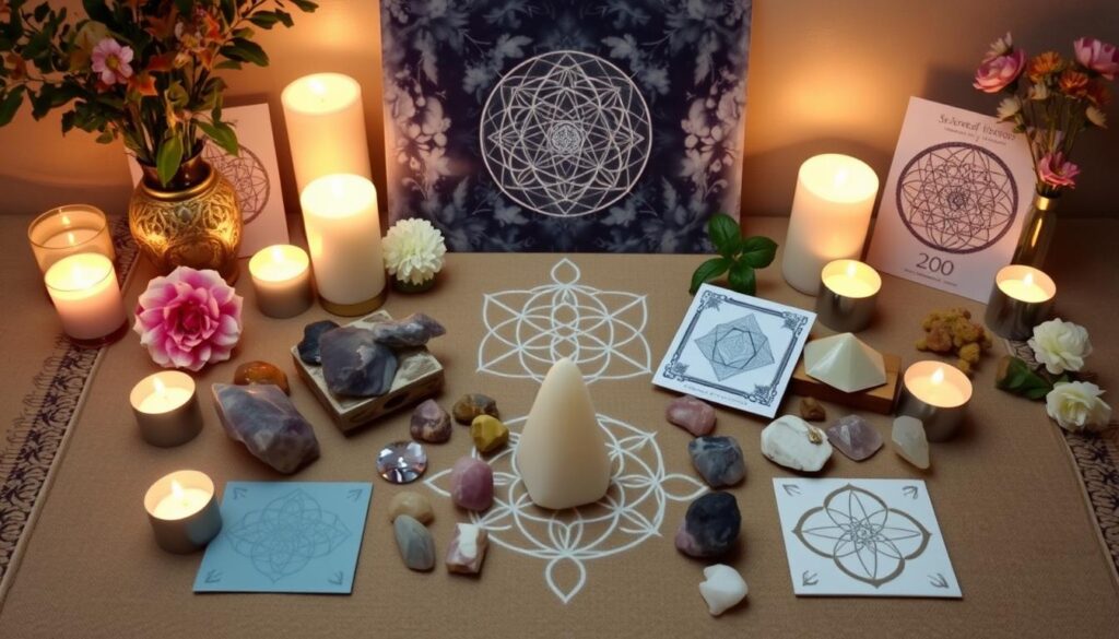 Sacred geometry altar arrangement with crystals, candles, and geometric patterns