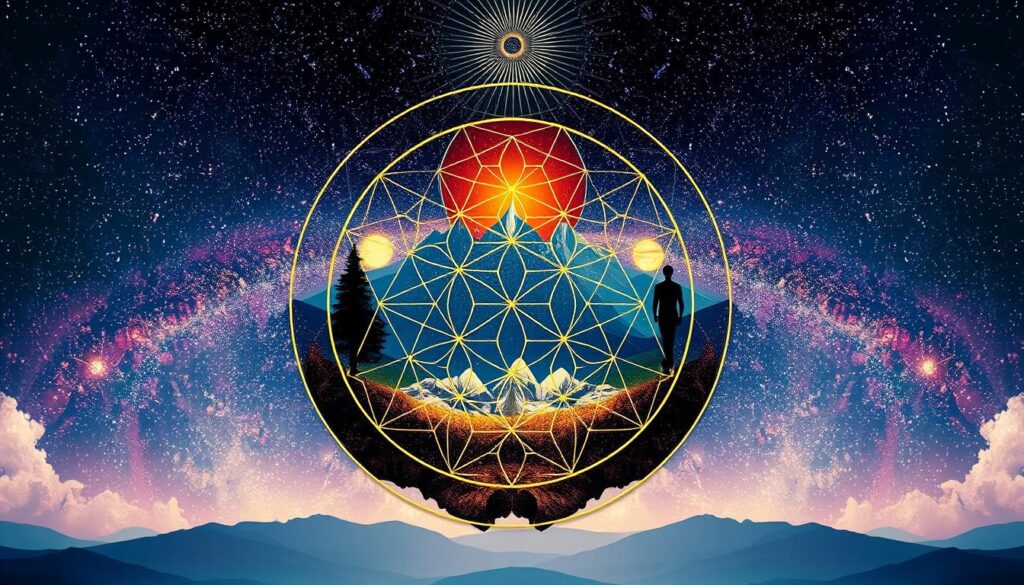 Sacred geometry patterns integrated with cosmic and natural imagery symbolizing unity of all existence
