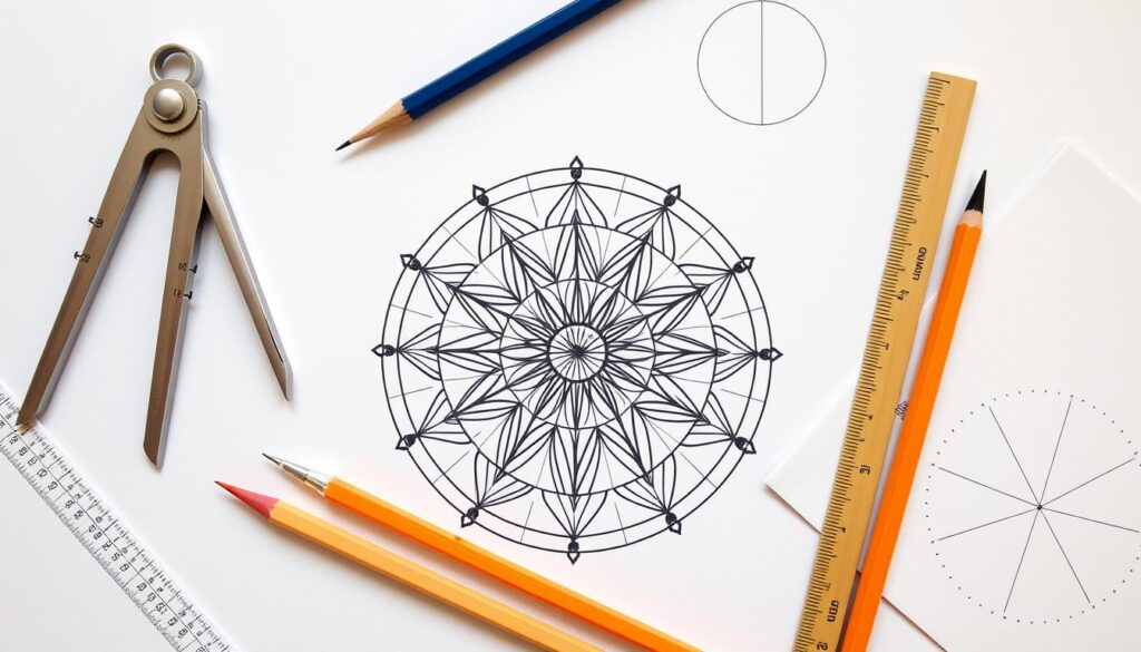 Simple sacred geometry patterns with compass and drawing tools for beginners