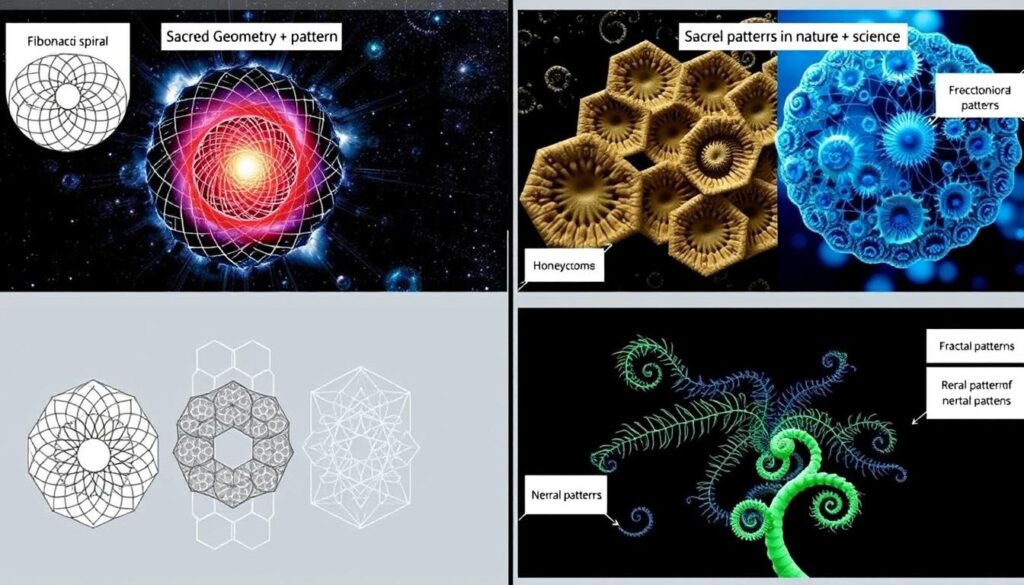 Split image showing sacred geometry patterns alongside their appearance in nature and quantum physics visualizations