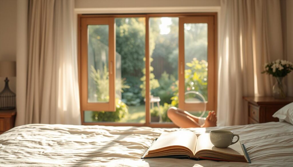 Sun-dappled morning: person journaling with tea — morning rituals to boost mood