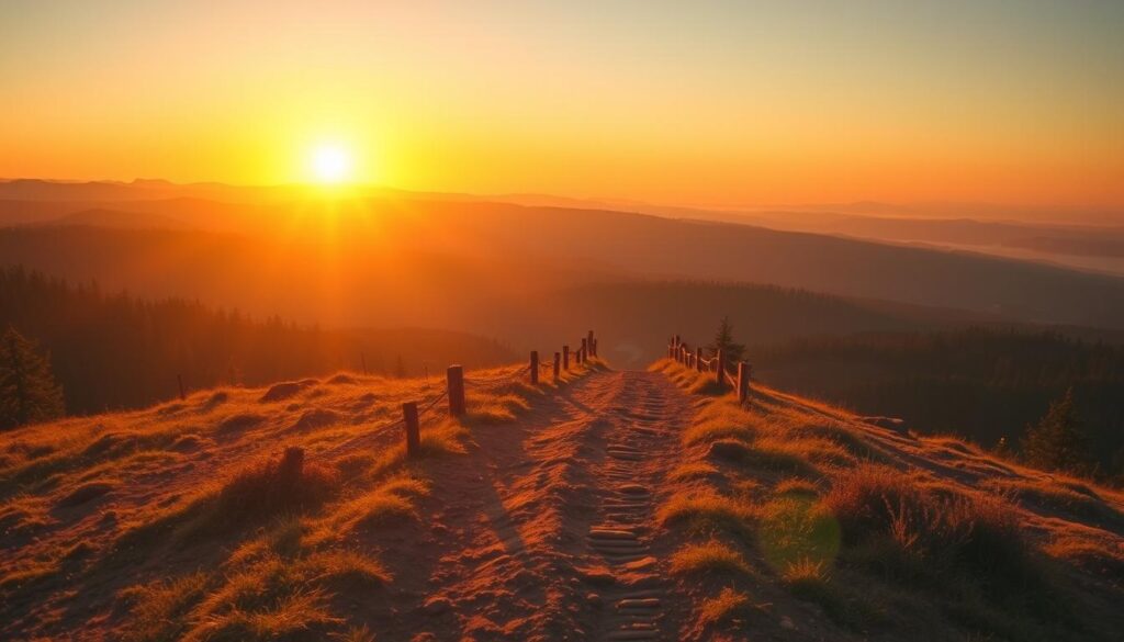 Sunrise over natural landscape with path leading forward, symbolizing the beginning of a mindfulness in nature journey