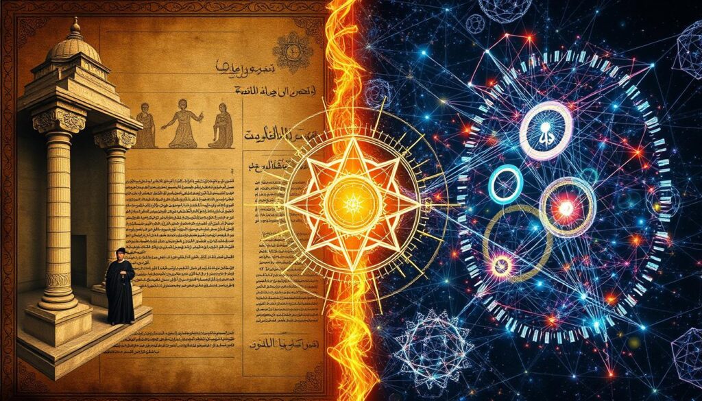 Symbolic image showing the convergence of ancient wisdom and modern understanding of interdimensional beings Symbolic image showing the convergence of ancient wisdom and modern understanding of interdimensional beings