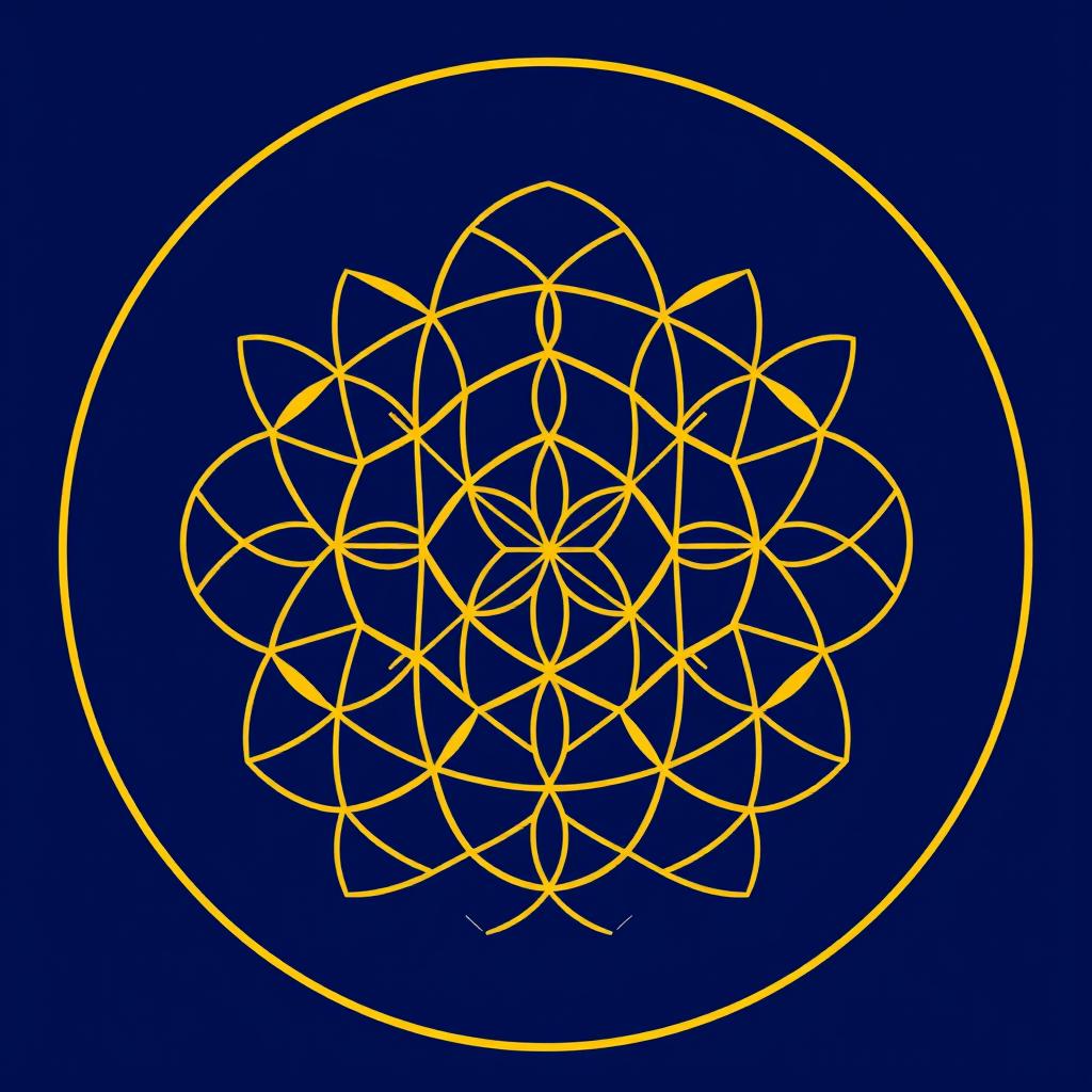 The Flower of Life sacred geometry pattern with golden lines on dark blue background The Flower of Life sacred geometry pattern with golden lines on dark blue background