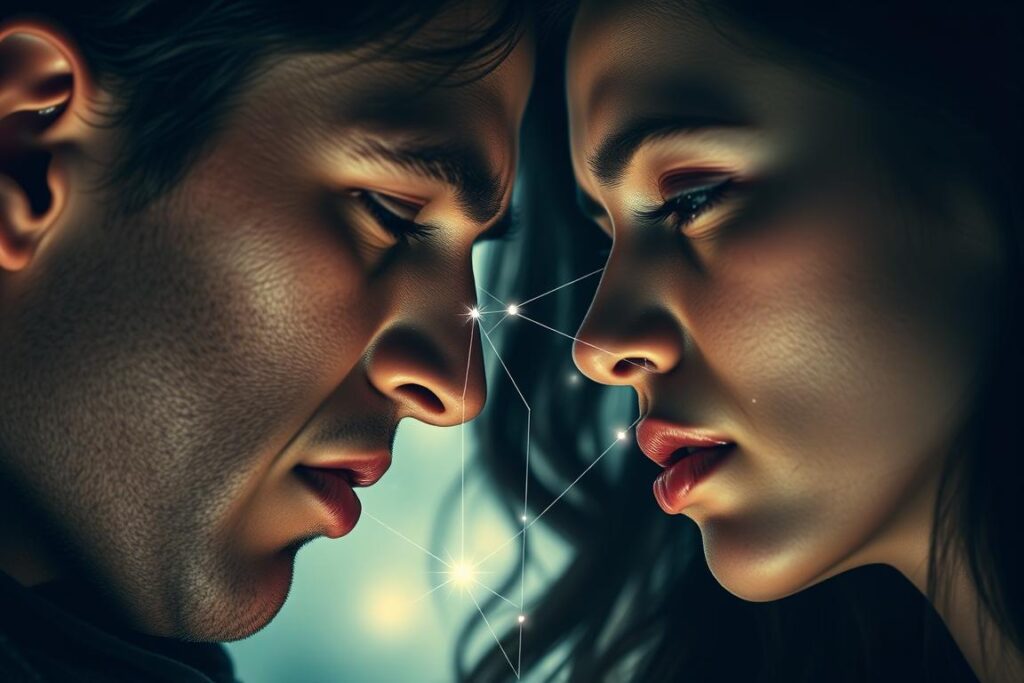 Two people experiencing intense emotional connection in a karmic relationship Two people experiencing intense emotional connection in a karmic relationship