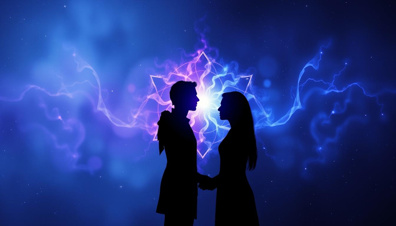 Two silhouettes facing each other with cosmic energy connecting them, representing karmic relationships