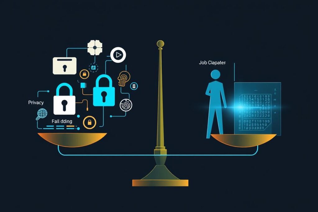 Visual representation of ethical challenges in the Age of AI including job displacement, bias, and privacy concerns