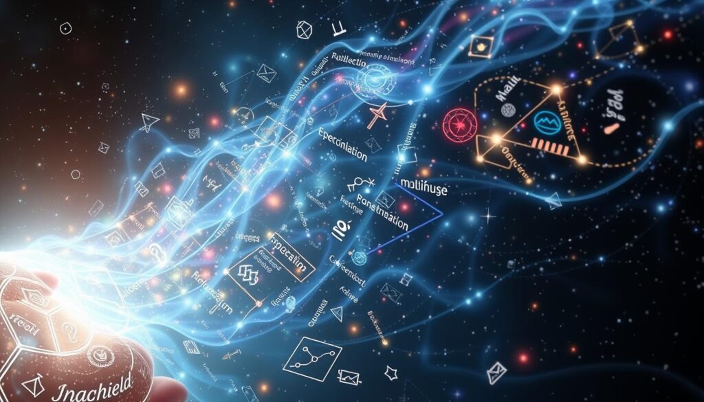 Visual representation of information flowing from the Akashic Records with symbols and light patterns Visual representation of information flowing from the Akashic Records with symbols and light patterns