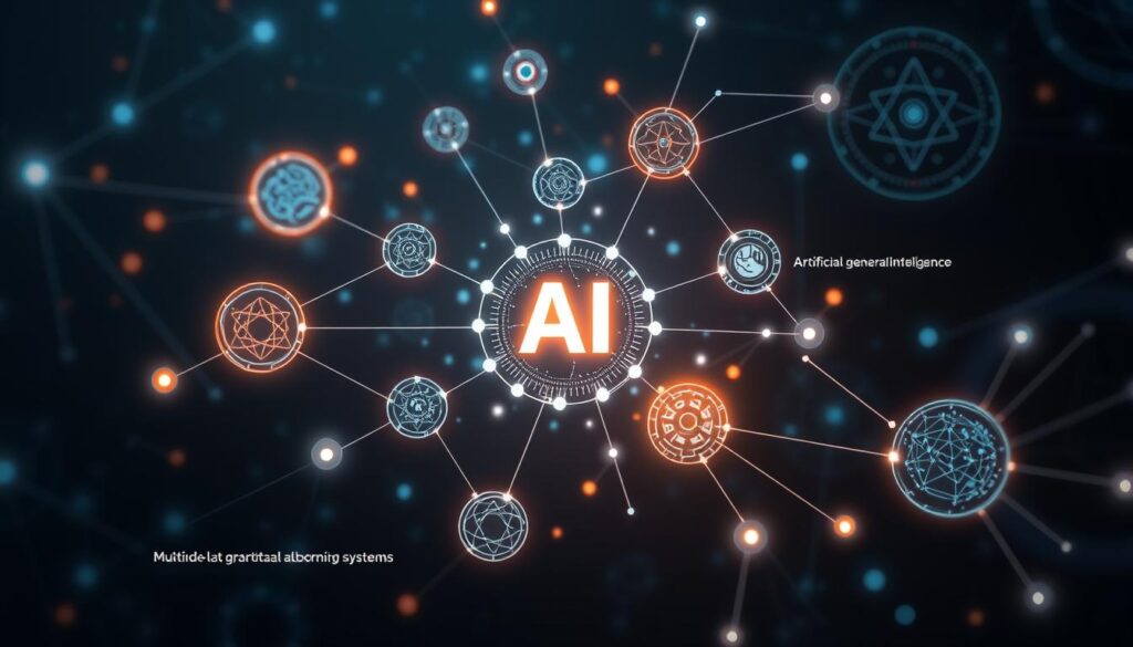 Visualization of emerging AI trends including AGI, quantum computing, and multimodal systems in the Age of AI