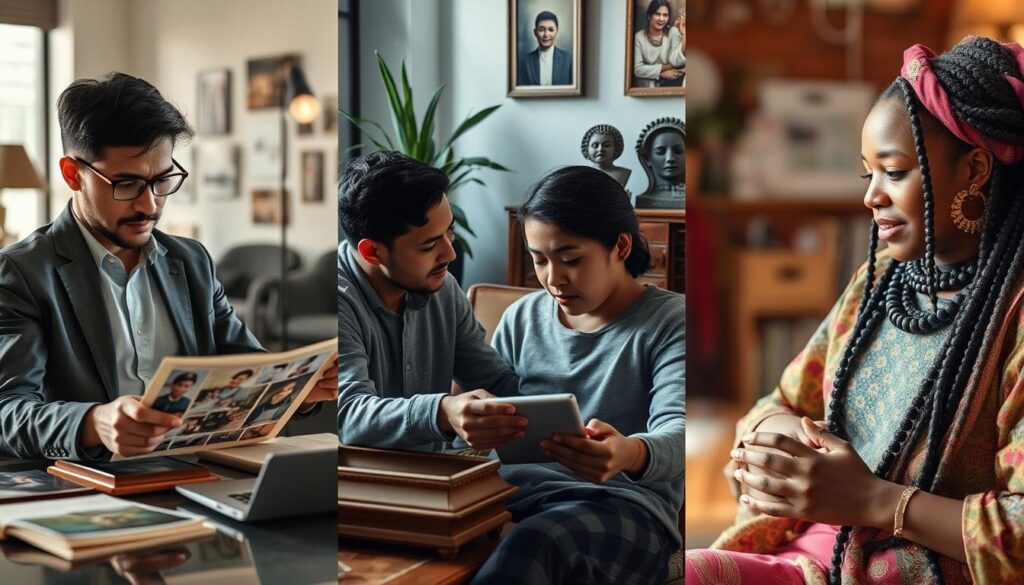 A collage showing different people applying ancestral guidance to modern challenges like career decisions, relationships, and personal identity