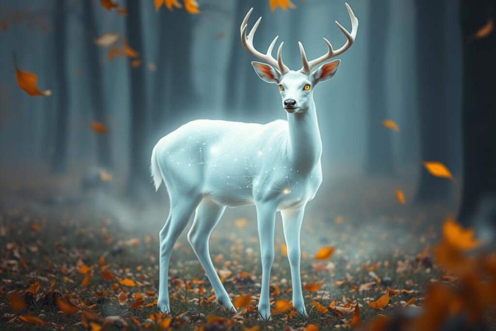 A mystical deer with glowing eyes in autumn forest representing a spirit guide A mystical deer with glowing eyes in autumn forest representing a spirit guide