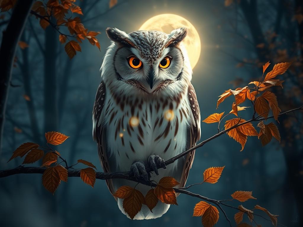 A mystical owl perched on autumn branch with glowing eyes representing wisdom and mystery A mystical owl perched on autumn branch with glowing eyes representing wisdom and mystery