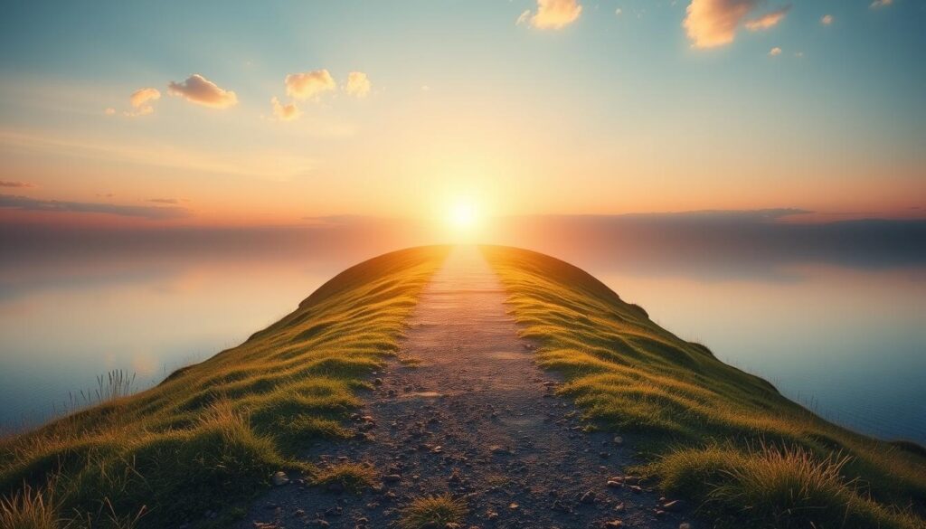 A peaceful scene representing the ongoing journey of spiritual ascension A peaceful scene representing the ongoing journey of spiritual ascension