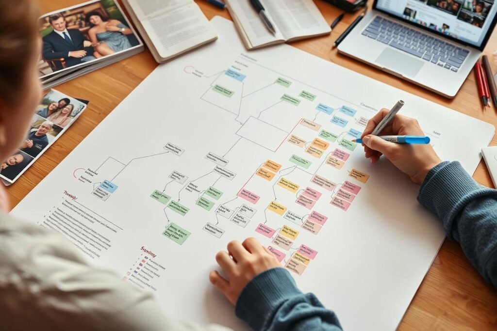 A person creating a family pattern map showing recurring themes across generations, a tool for understanding ancestral guidance