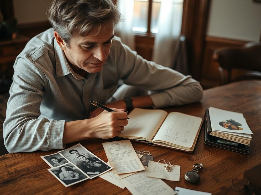 A person examining family heirlooms and photographs while journaling, connecting with ancestral guidance through physical objects