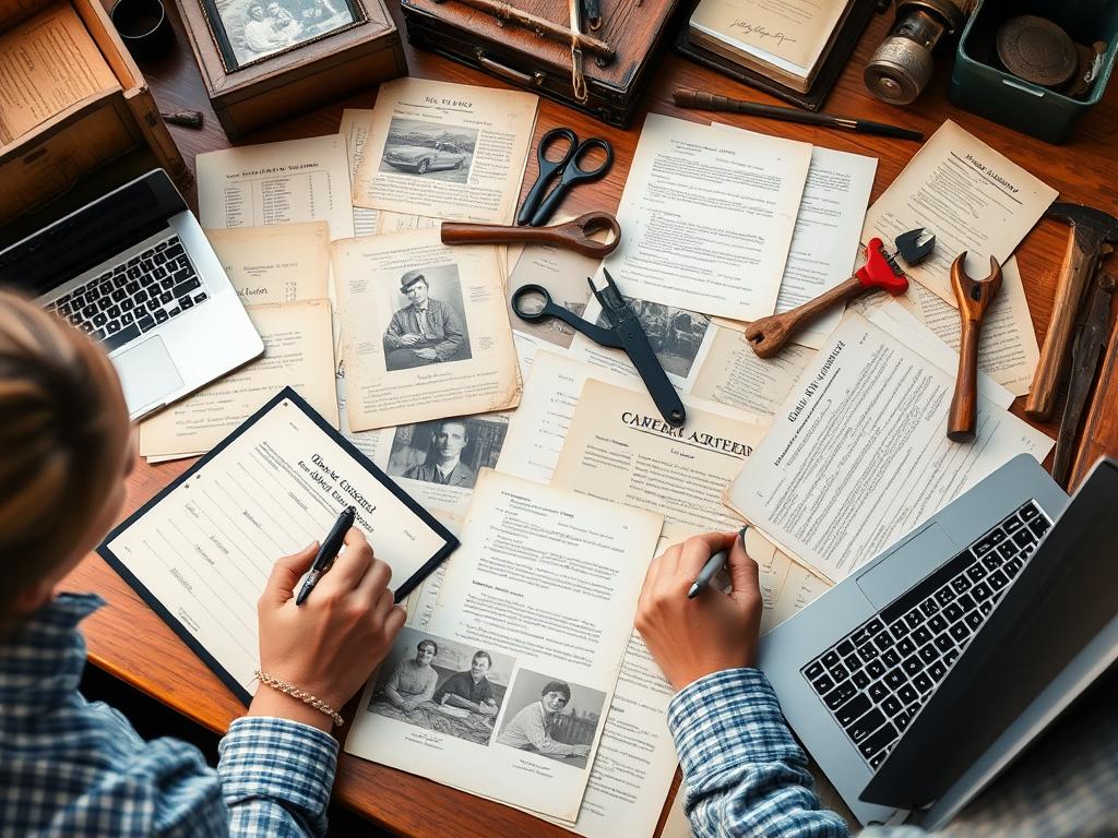 A person examining old family documents and career artifacts while contemplating a modern career transition, guided by ancestral wisdom