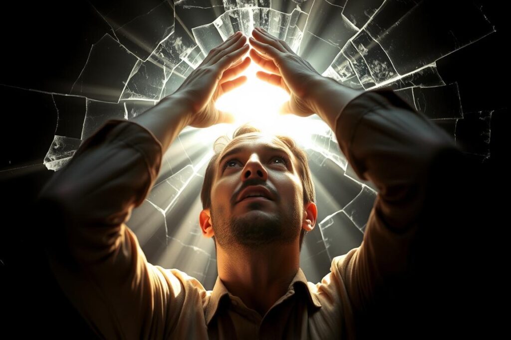 A person experiencing an awakening trigger moment with light breaking through cracks in their perception of reality, representing stage 2 of spiritual ascension