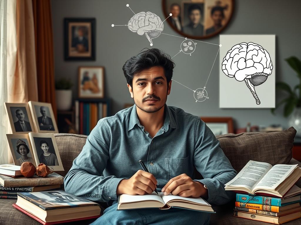 A person in a modern setting surrounded by symbols of both ancestral wisdom and contemporary psychology, bridging traditional and scientific approaches