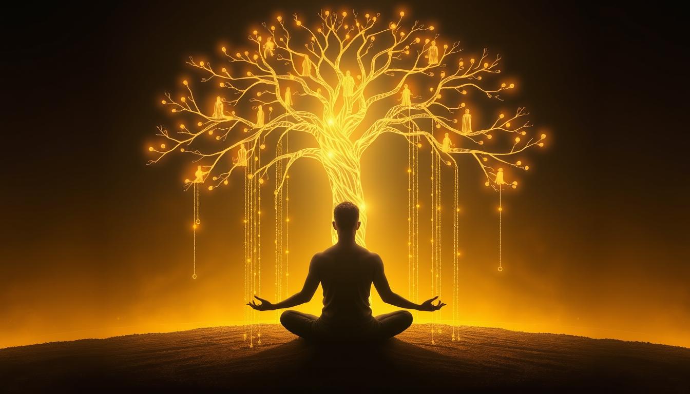A person meditating beneath a family tree visualization with ancestral figures appearing as subtle light forms, representing ancestral guidance