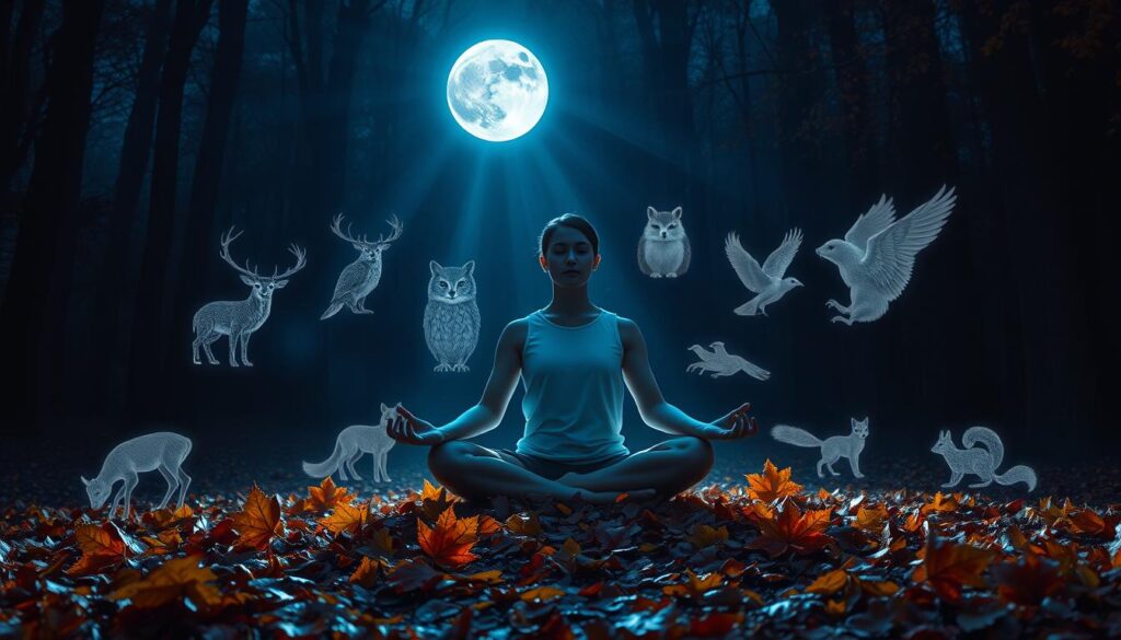 A person meditating under full moon with animal spirit guides appearing in moonlight A person meditating under full moon with animal spirit guides appearing in moonlight