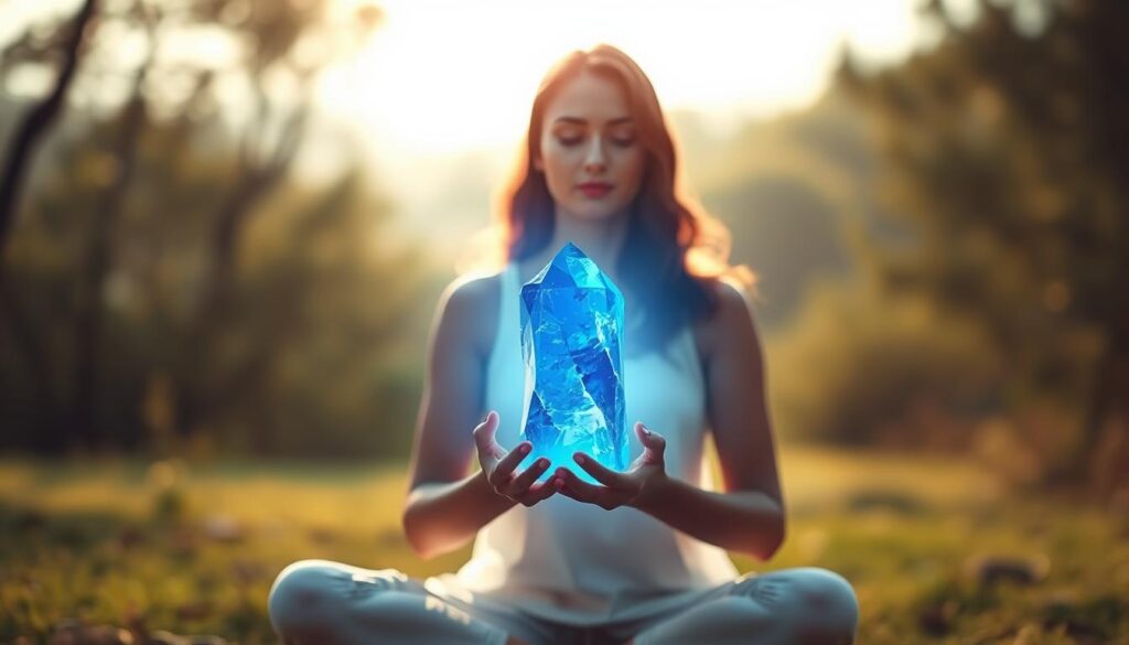 A person meditating while holding a sapphire crystal, demonstrating Sapphire's Mystical Powers for protection A person meditating while holding a sapphire crystal, demonstrating Sapphire's Mystical Powers for protection