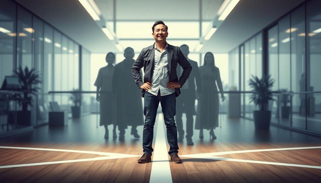 A person standing confidently at a crossroads with transparent ancestral figures behind them, symbolizing ancestral guidance supporting modern decisions