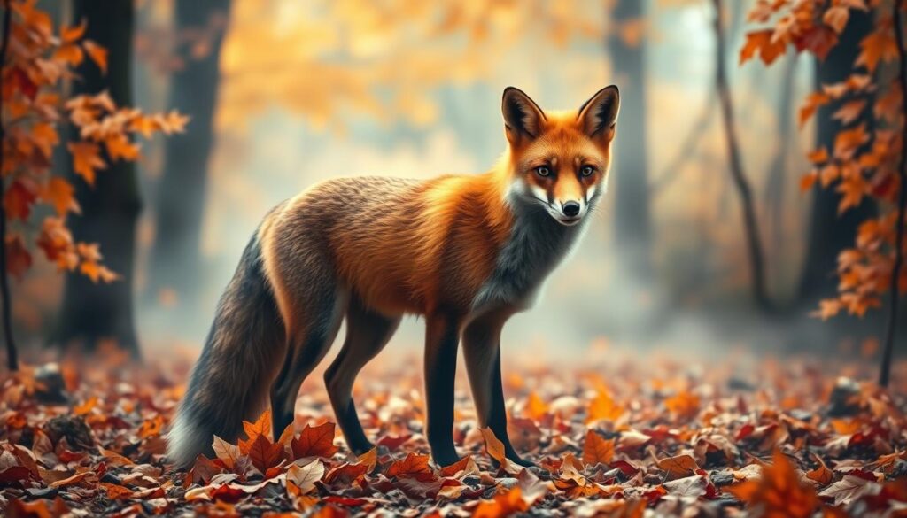 A red fox with mystical energy in autumn forest representing adaptability and cunning A red fox with mystical energy in autumn forest representing adaptability and cunning