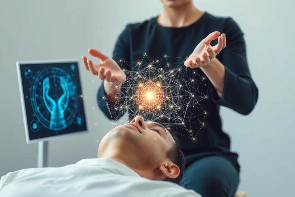 AI analyzing energy patterns during healing practice with neutral data visualization AI analyzing energy patterns during healing practice with neutral data visualization
