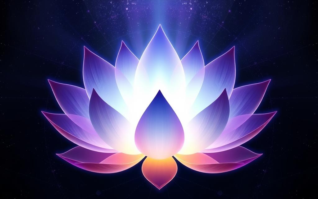 Abstract lotus flower with seven petals in gradient colors representing the stages of spiritual ascension