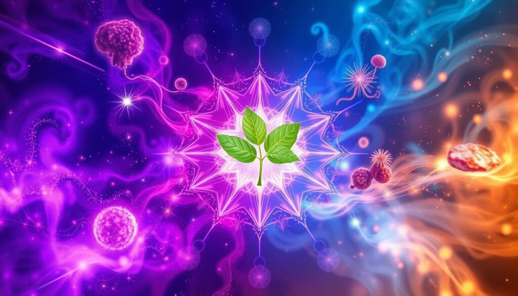 Abstract visualization of energy fields around adaptogenic herbs showing their vibrational impact for plant-based nutrition for ascension Abstract visualization of energy fields around adaptogenic herbs showing their vibrational impact for plant-based nutrition for ascension