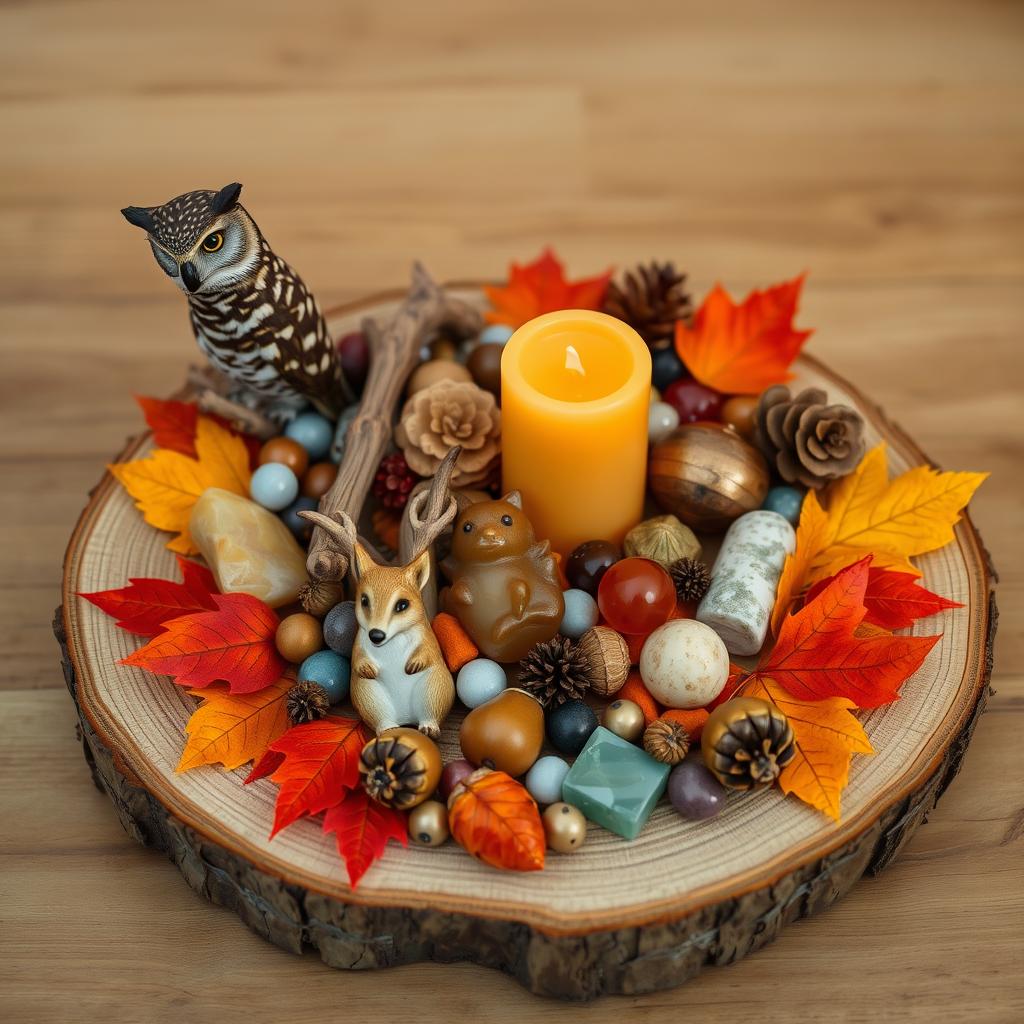 An autumn altar with animal totems, crystals, and seasonal elements An autumn altar with animal totems, crystals, and seasonal elements