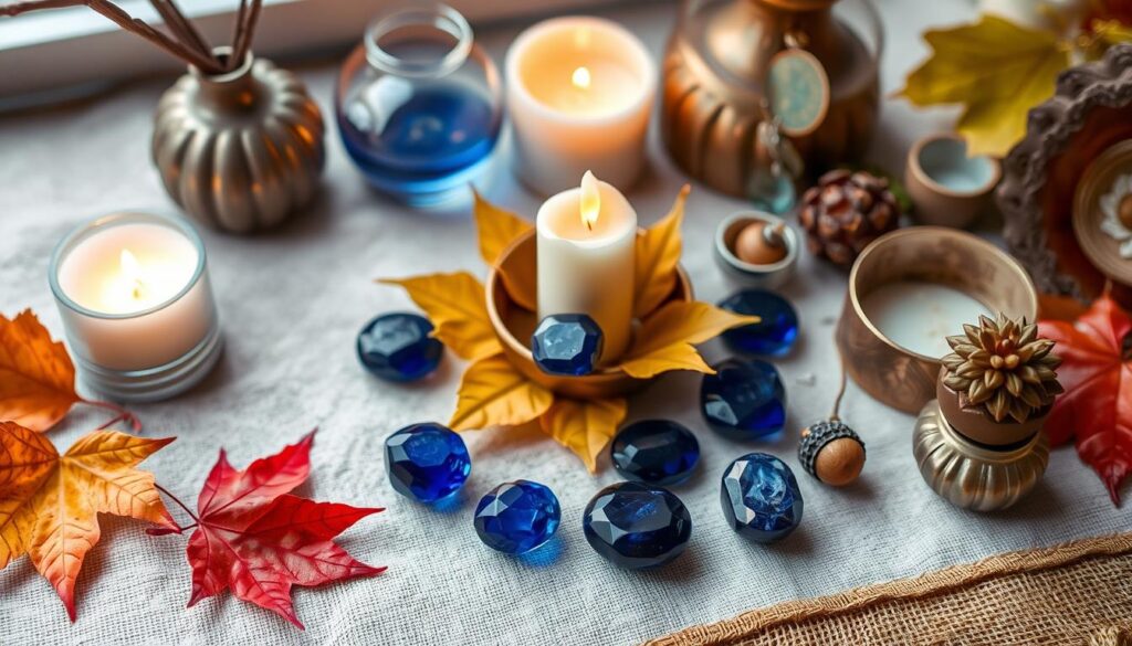 Autumn-themed altar with sapphire stones, candles, and fall elements, showing home ritual use of Sapphire's Mystical Powers Autumn-themed altar with sapphire stones, candles, and fall elements, showing home ritual use of Sapphire's Mystical Powers
