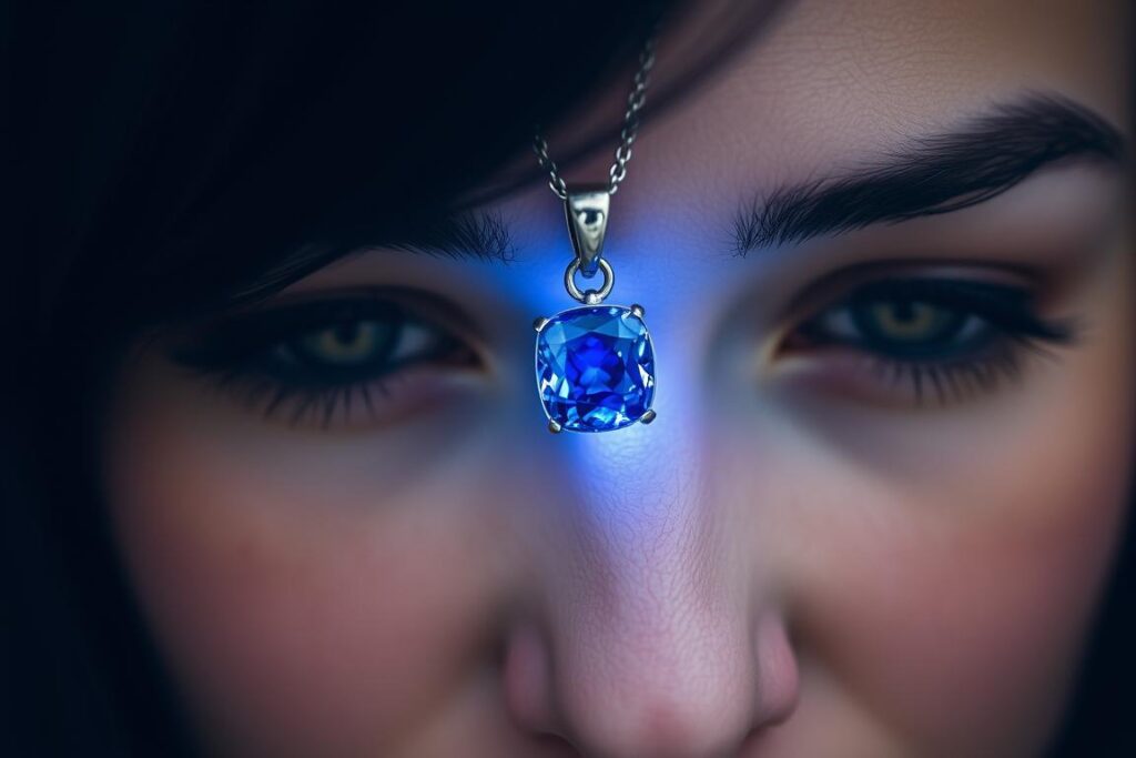 Close-up of a sapphire pendant positioned at the third eye chakra, illustrating Sapphire's Mystical Powers for intuition Close-up of a sapphire pendant positioned at the third eye chakra, illustrating Sapphire's Mystical Powers for intuition