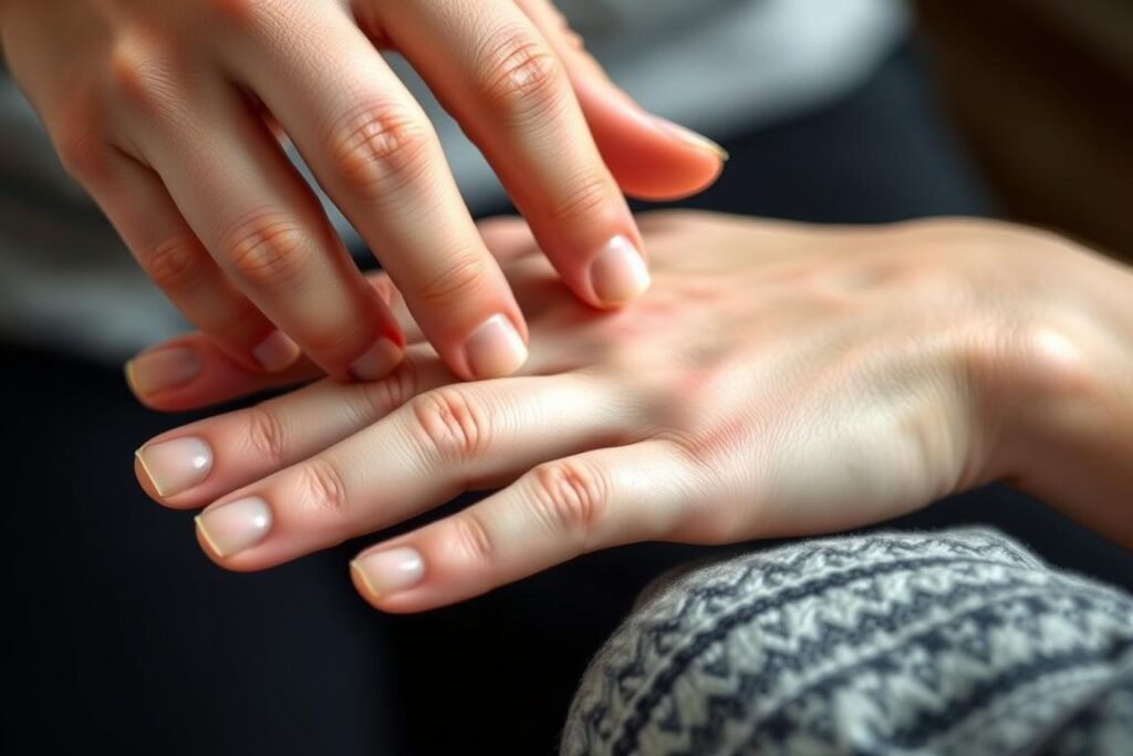 Close-up of hands performing acupressure on a meridian point to stimulate body's energy flow
