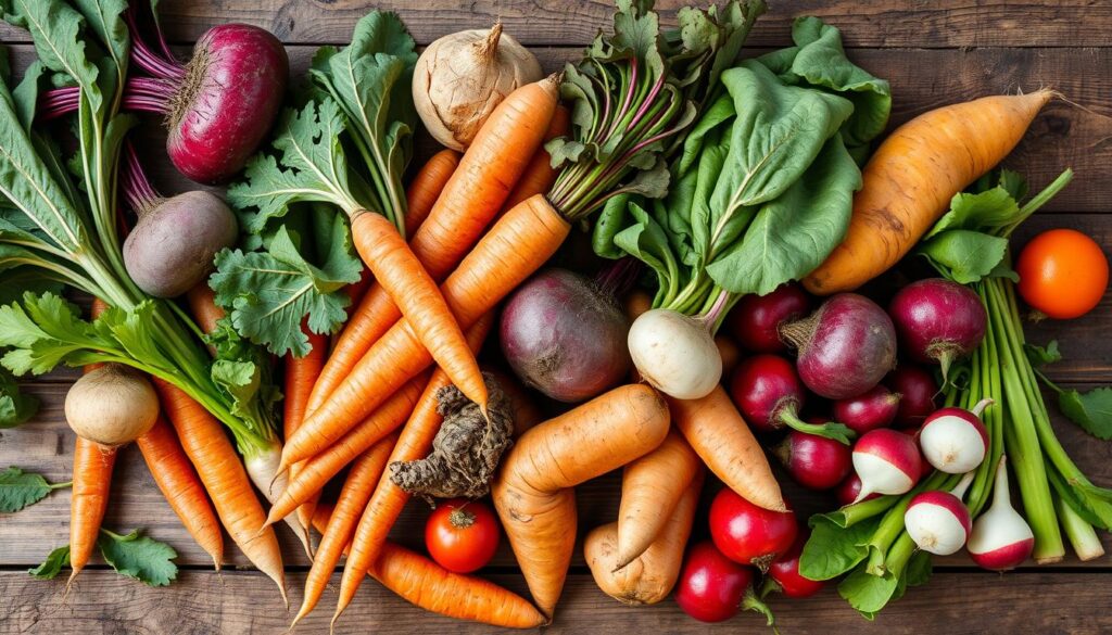 Colorful array of root vegetables for grounding rituals for high-vibe living