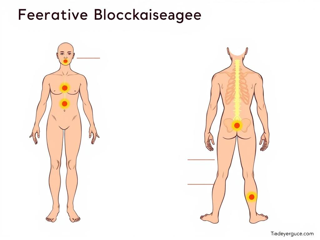 Diagram showing common energy blockage points in the body's energy flow system