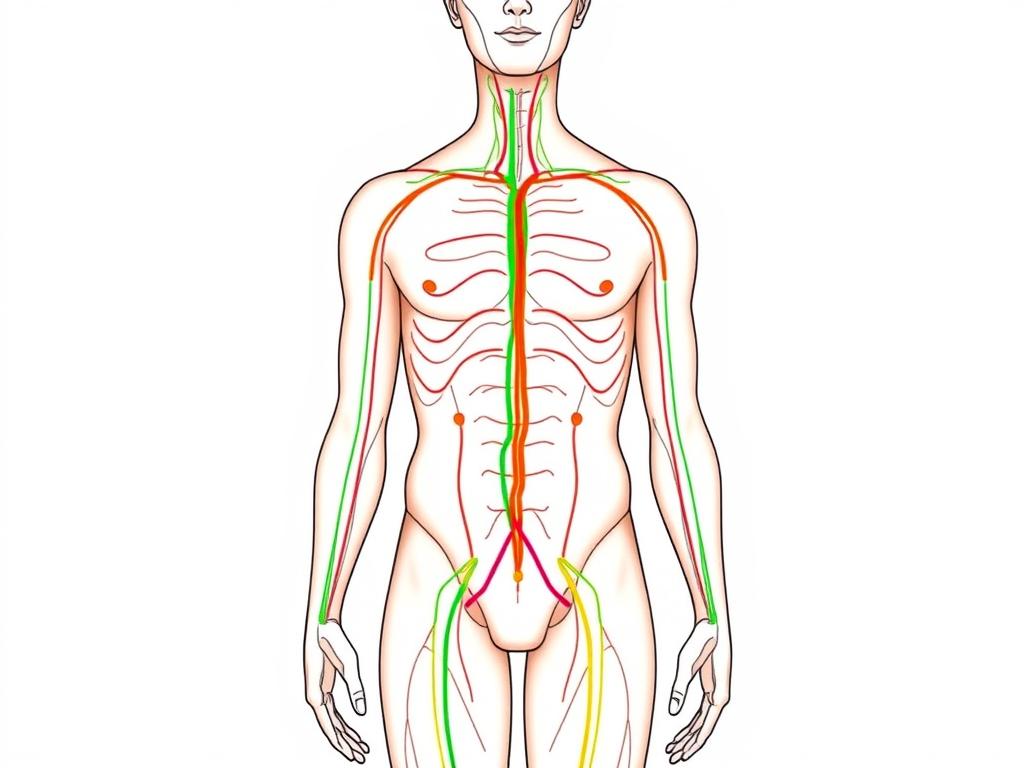 Diagram showing the twelve primary meridians running through a human body illustrating the body's energy flow pathways