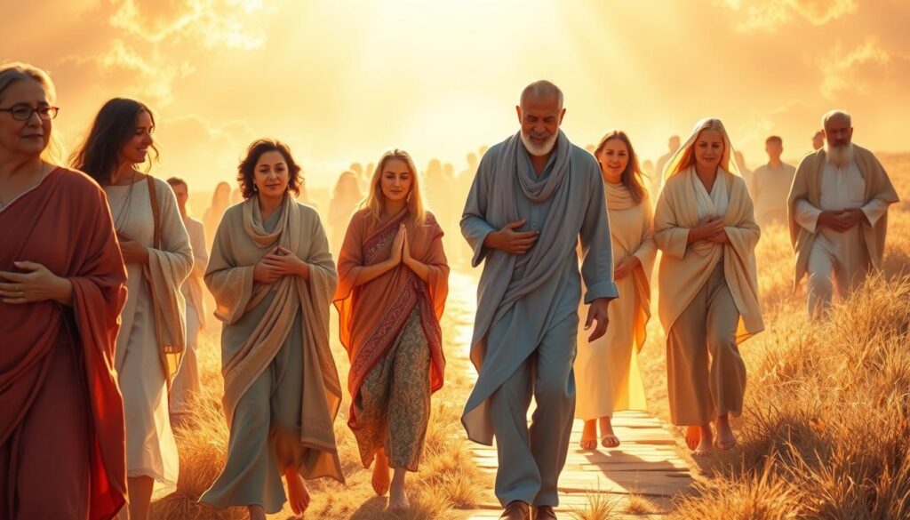 Diverse group of spiritual seekers walking together on a path of light, representing the collective journey of spiritual ascension