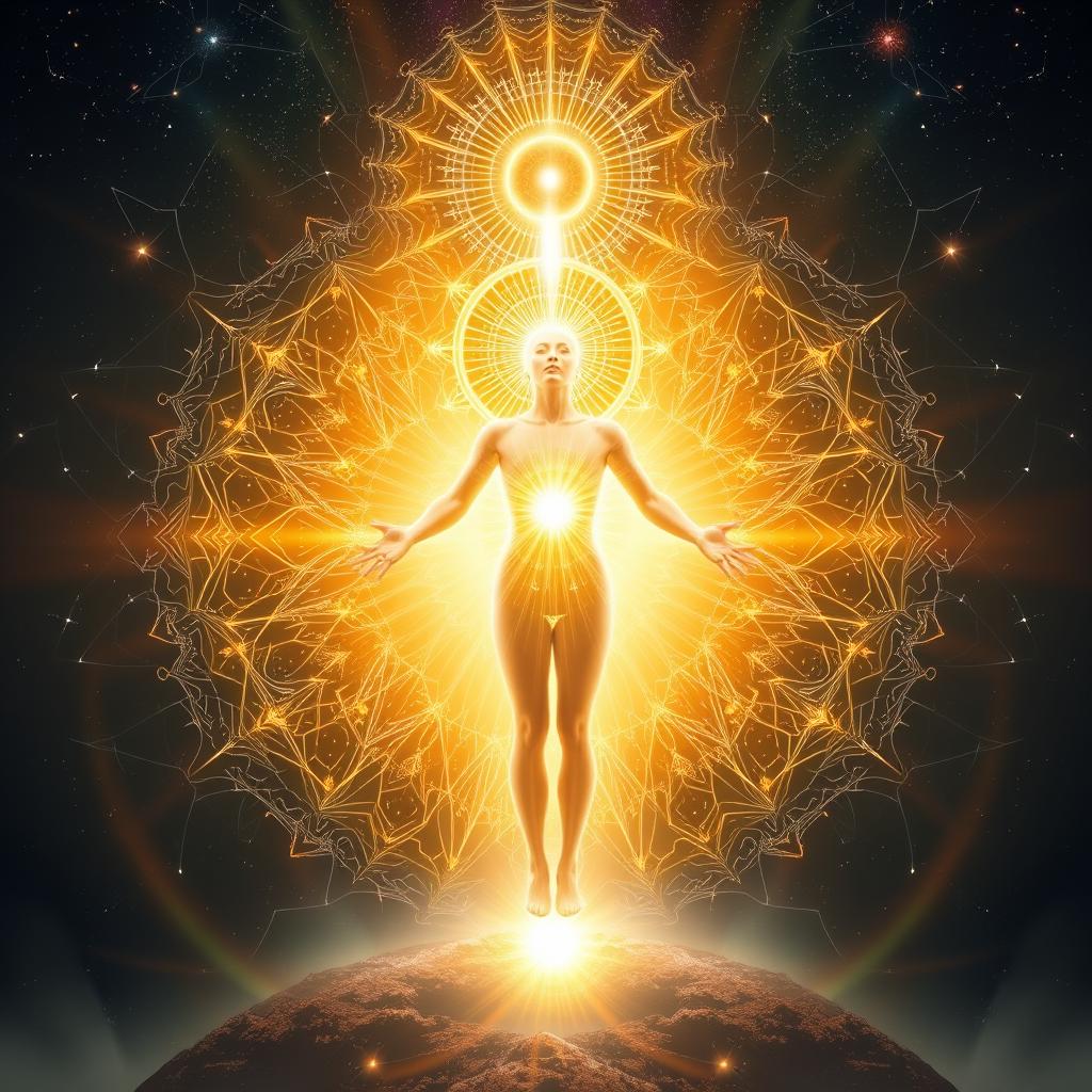 Enlightened being radiating light and compassion, with fractal patterns representing the infinite nature of enlightenment, the final stage of spiritual ascension