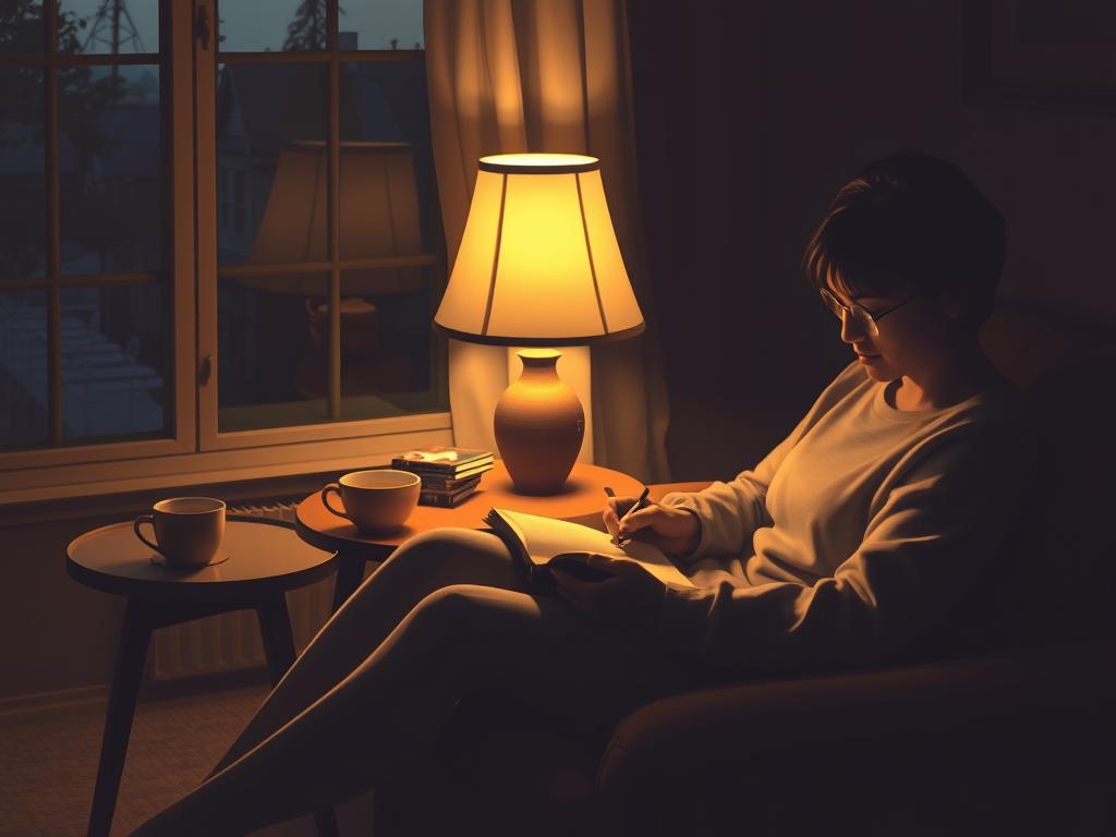 Evening mindfulness practice with journal, showing daily mindfulness for busy ascenders