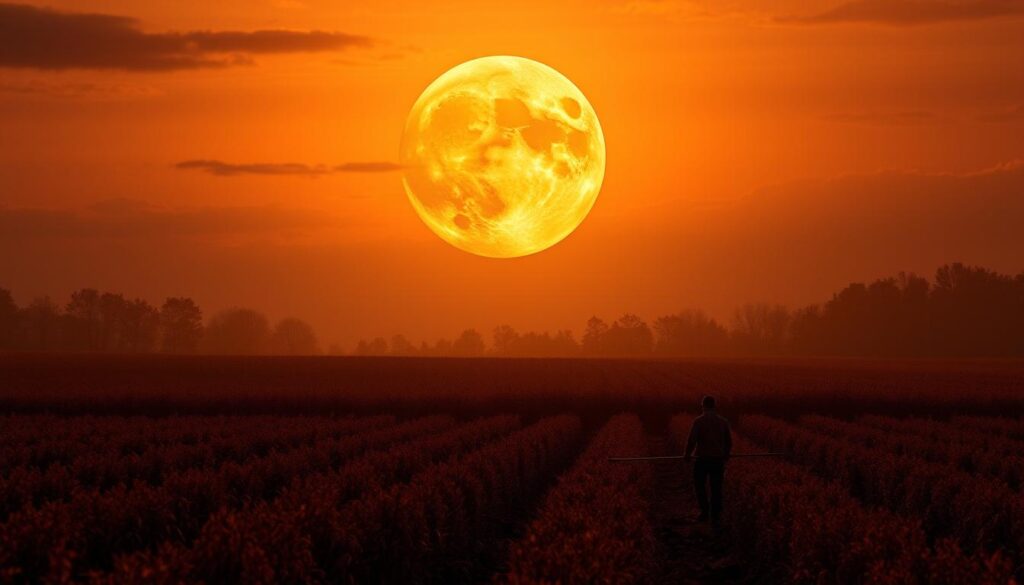 Full Harvest Moon rising over autumn fields with farmers working by moonlight Full Harvest Moon rising over autumn fields with farmers working by moonlight